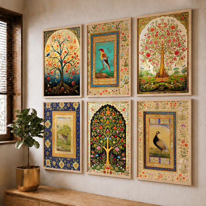 Traditional Indian Madhubani / Pichwai Art  Framed Posters for Home Living Room Bedroom Wall Decor Set of 6