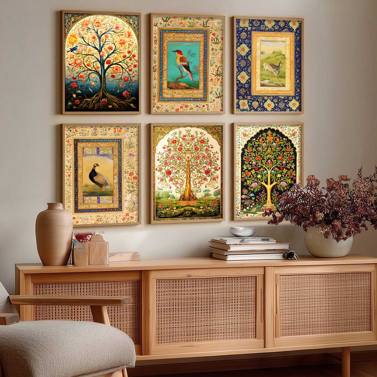 Traditional Indian Madhubani / Pichwai Art  Framed Posters for Home Living Room Bedroom Wall Decor Set of 6