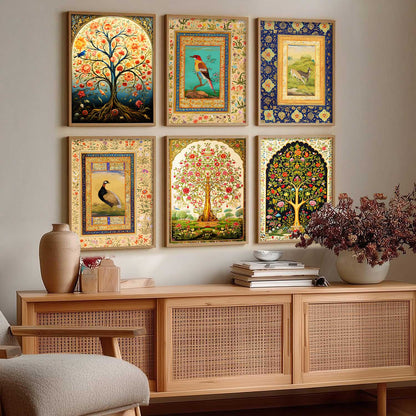 Traditional Indian Madhubani / Pichwai Art  Framed Posters for Home Living Room Bedroom Wall Decor Set of 6