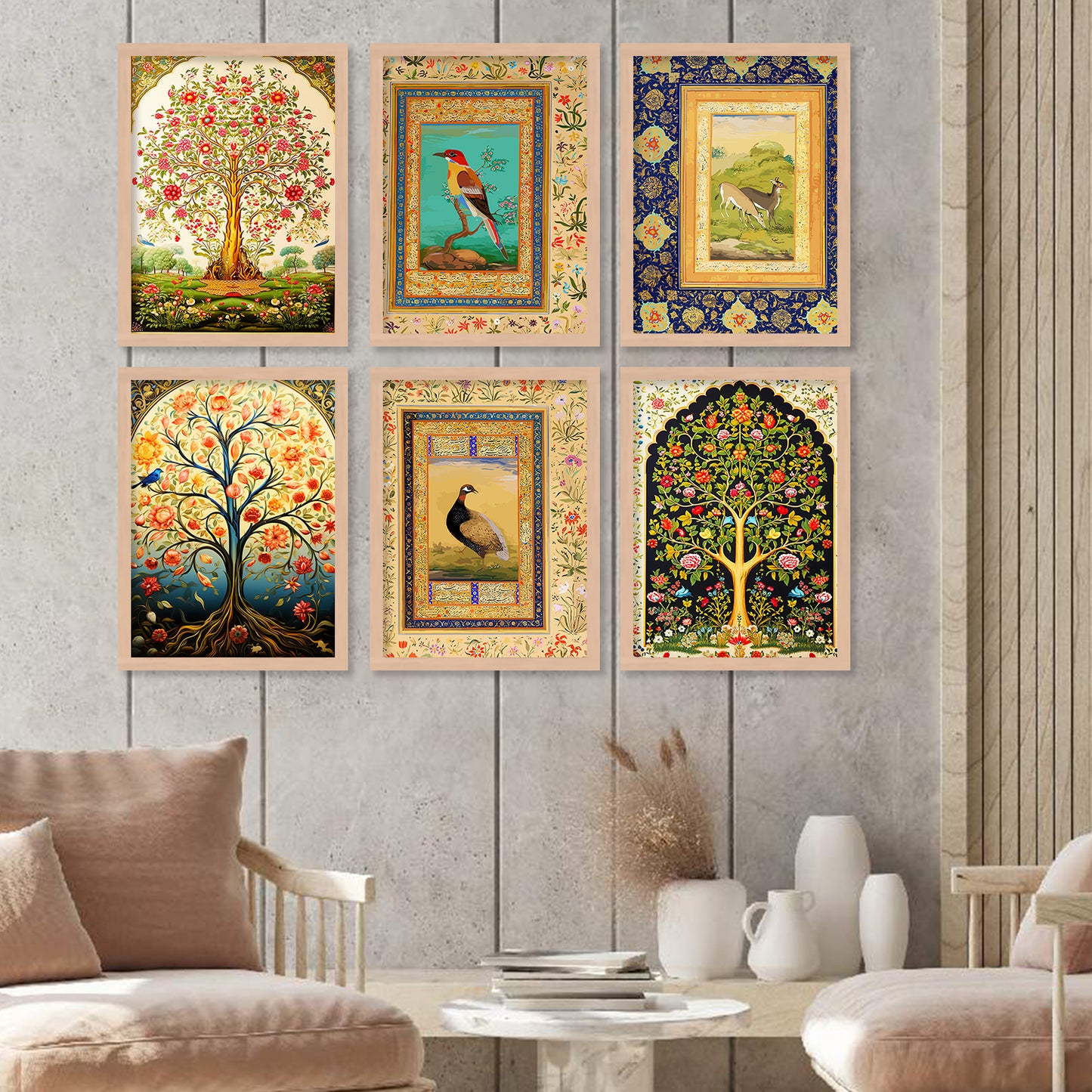 Traditional Indian Madhubani / Pichwai Art  Framed Posters for Home Living Room Bedroom Wall Decor Set of 6