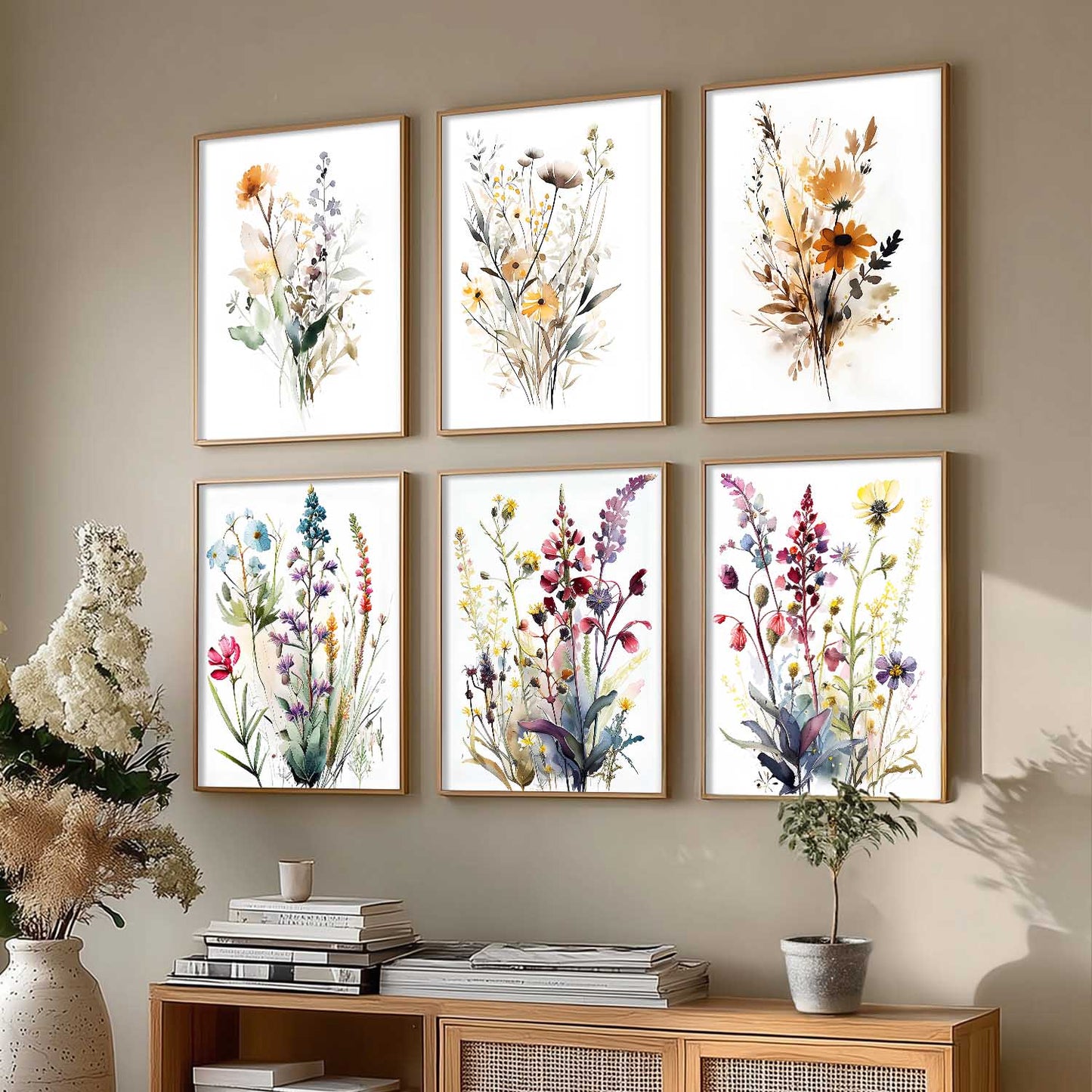 Minimal Floral Art Framed Posters for Home Living Room Bedroom and Office Wall Decor Set of 6
