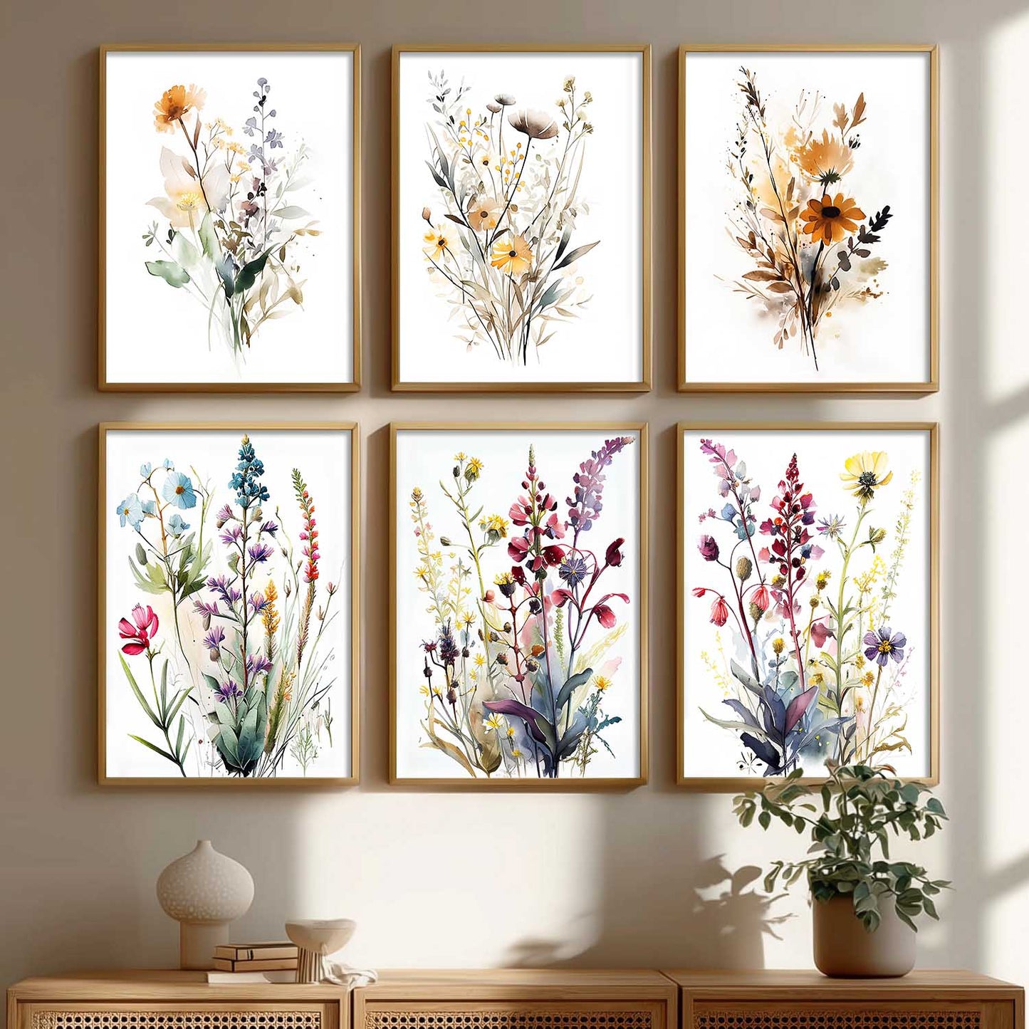 Minimal Floral Art Framed Posters for Home Living Room Bedroom and Office Wall Decor Set of 6