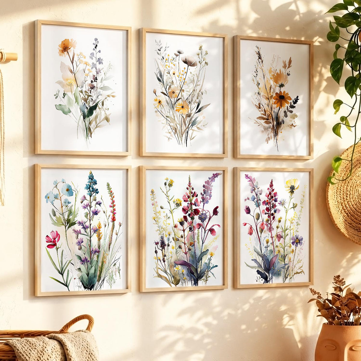 Minimal Floral Art Framed Posters for Home Living Room Bedroom and Office Wall Decor Set of 6