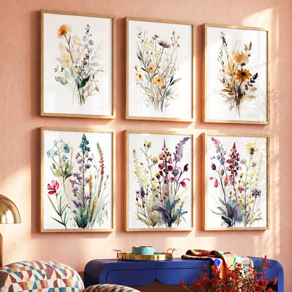Minimal Floral Art Framed Posters for Home Living Room Bedroom and Office Wall Decor Set of 6