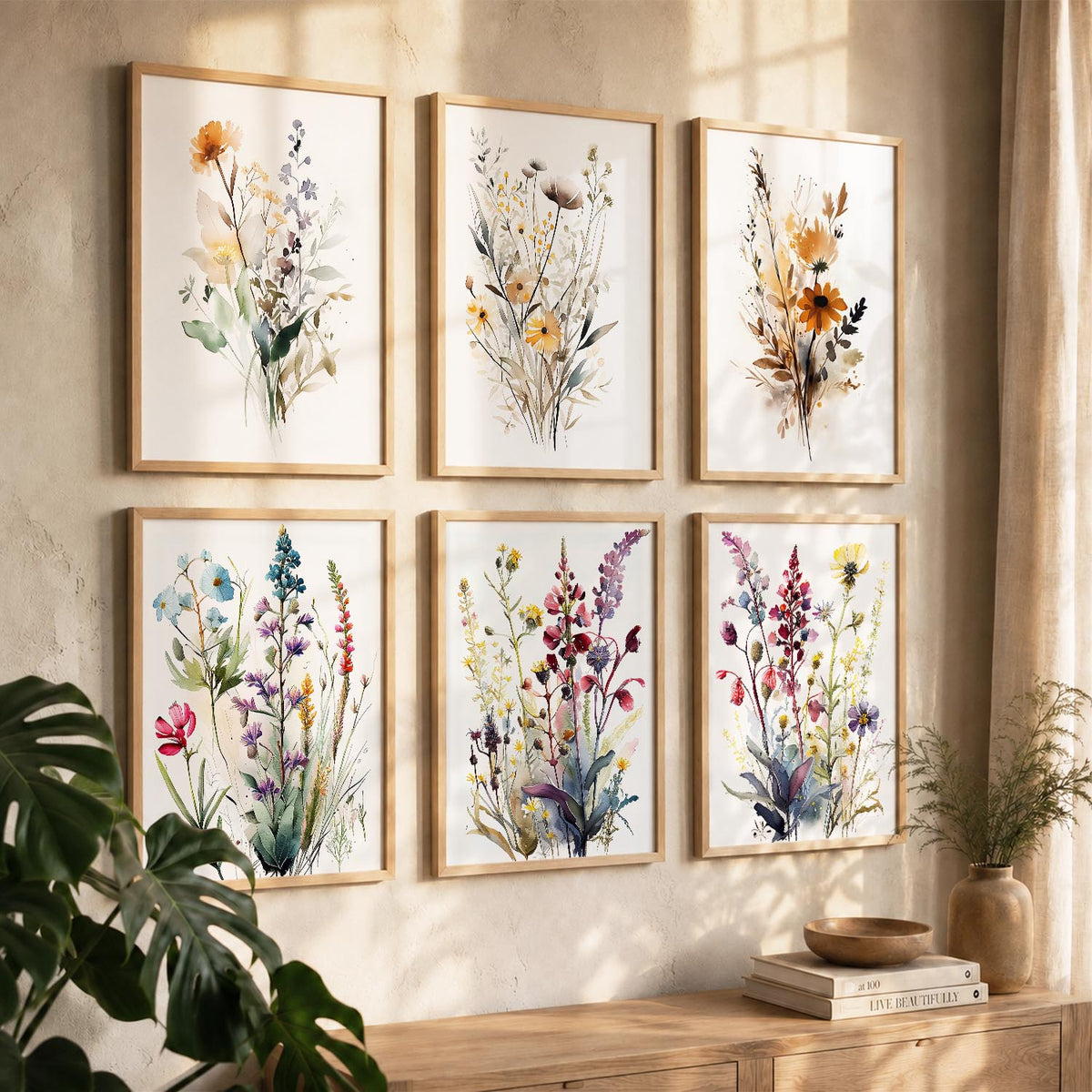 Minimal Floral Art Framed Posters for Home Living Room Bedroom and Office Wall Decor Set of 6