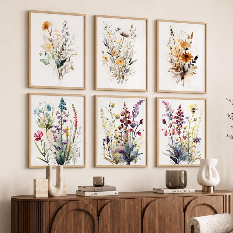 Minimal Floral Art Framed Posters for Home Living Room Bedroom and Office Wall Decor Set of 6