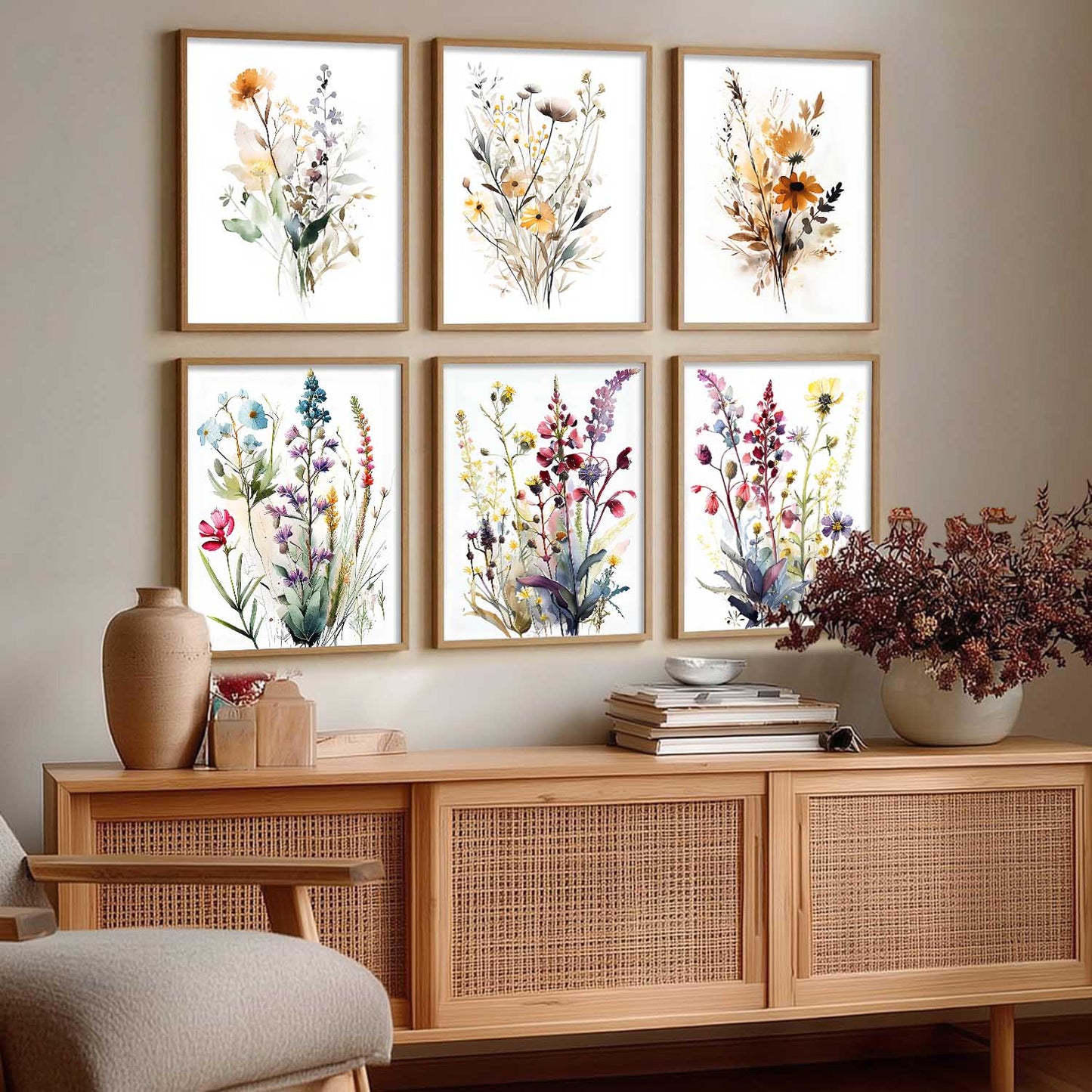 Minimal Floral Art Framed Posters for Home Living Room Bedroom and Office Wall Decor Set of 6