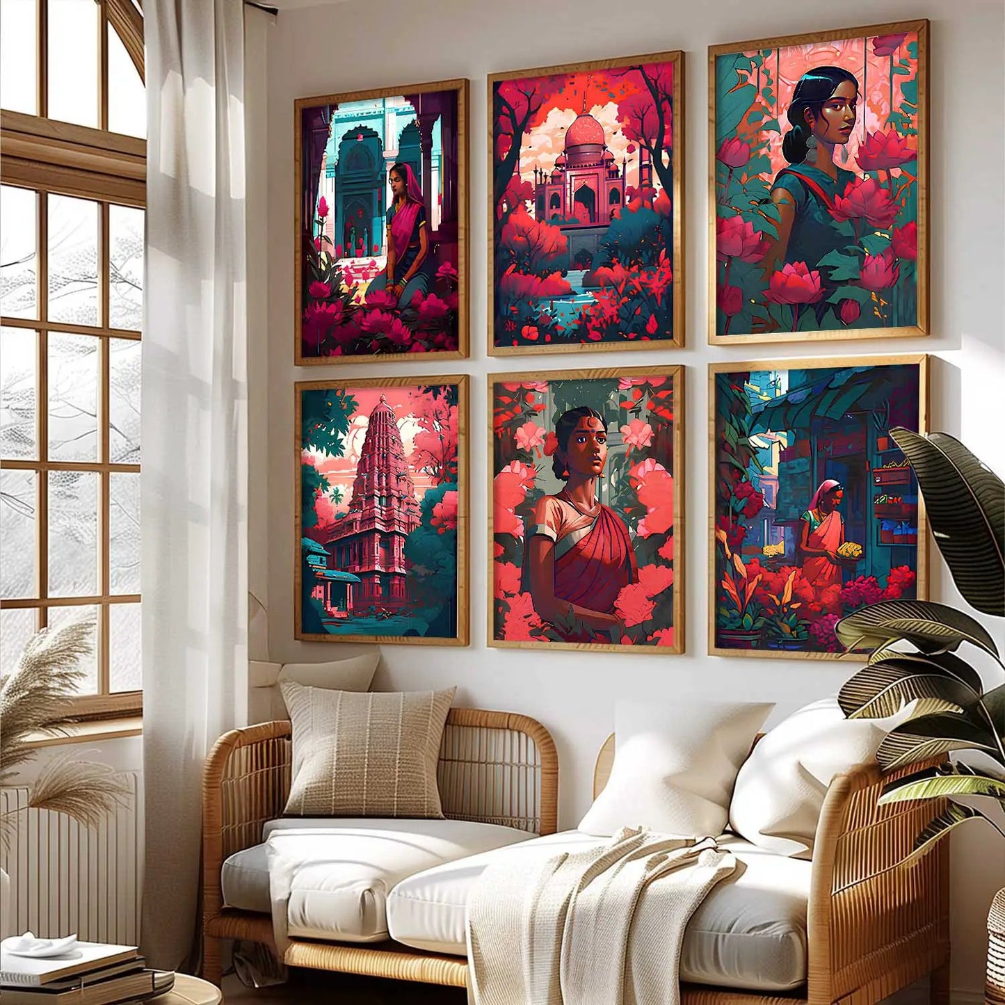 Traditional Indian Art Framed Posters for Home Living Room Bedroom and Office Wall Decor Set of 6