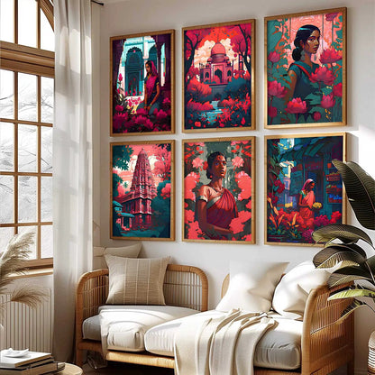 Traditional Indian Art Framed Posters for Home Living Room Bedroom and Office Wall Decor Set of 6