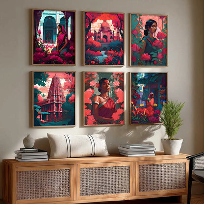 Traditional Indian Art Framed Posters for Home Living Room Bedroom and Office Wall Decor Set of 6