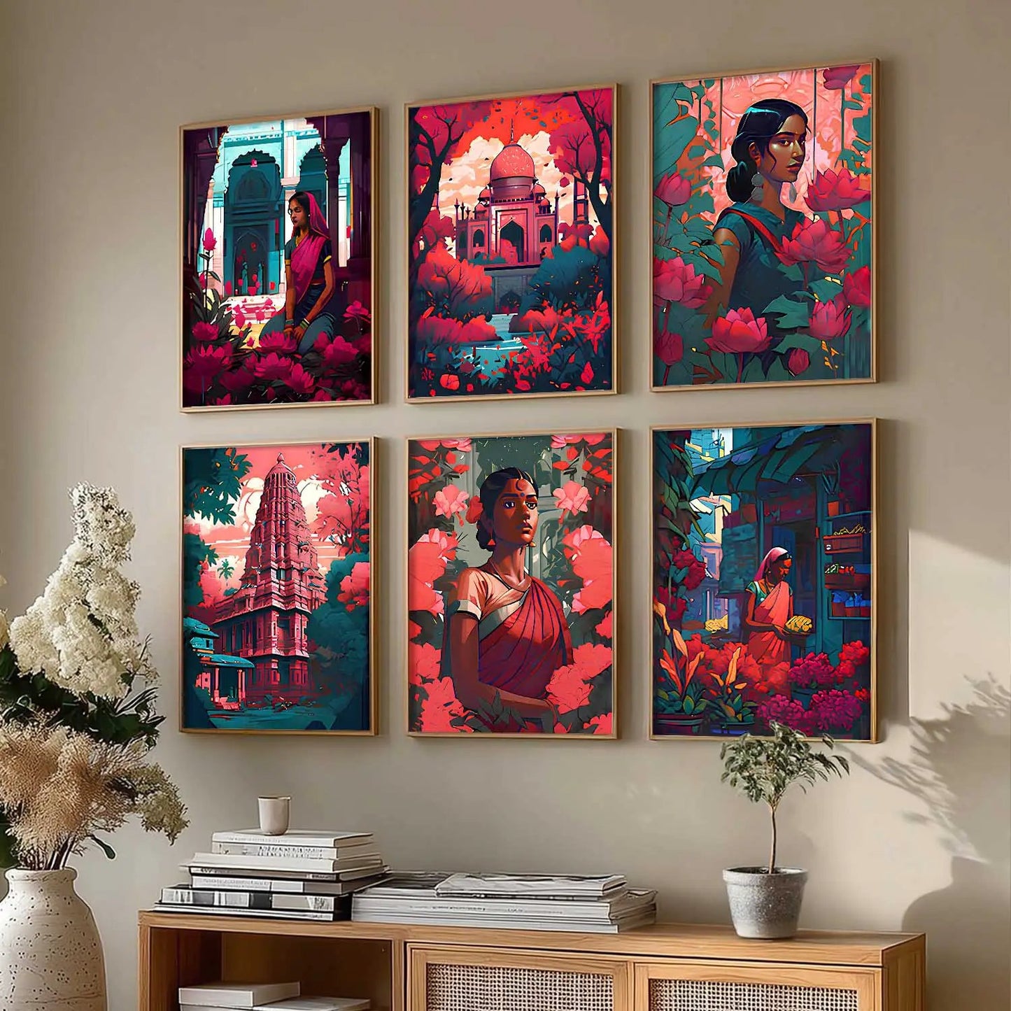 Traditional Indian Art Framed Posters for Home Living Room Bedroom and Office Wall Decor Set of 6