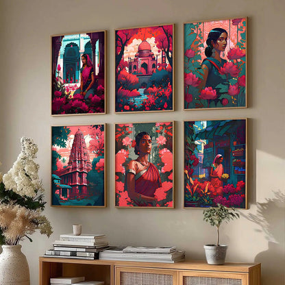 Traditional Indian Art Framed Posters for Home Living Room Bedroom and Office Wall Decor Set of 6