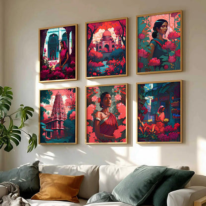 Traditional Indian Art Framed Posters for Home Living Room Bedroom and Office Wall Decor Set of 6