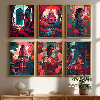 Traditional Indian Art Framed Posters for Home Living Room Bedroom and Office Wall Decor Set of 6