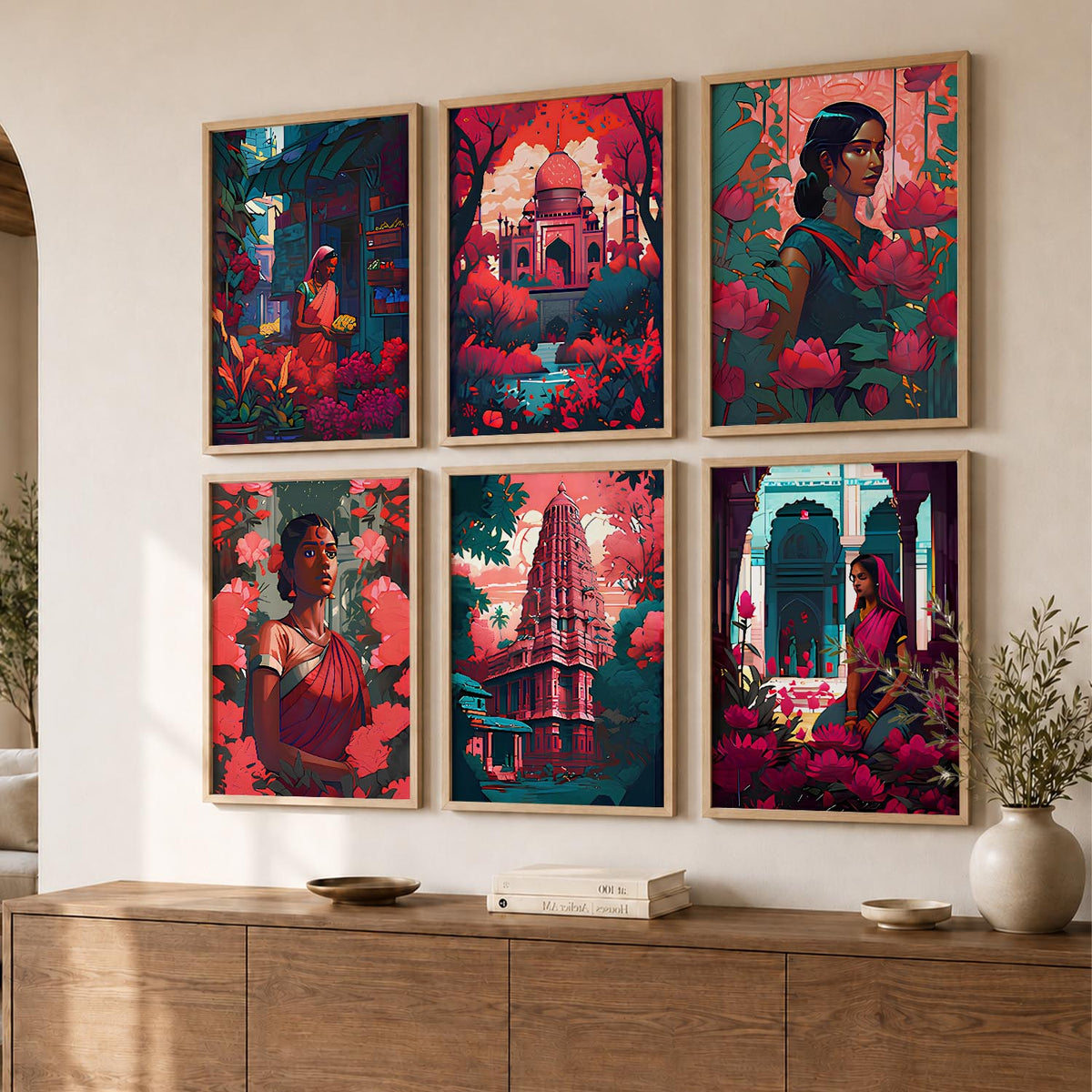 Traditional Indian Art Framed Posters for Home Living Room Bedroom and Office Wall Decor Set of 6