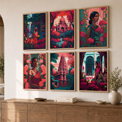 Traditional Indian Art Framed Posters for Home Living Room Bedroom and Office Wall Decor Set of 6