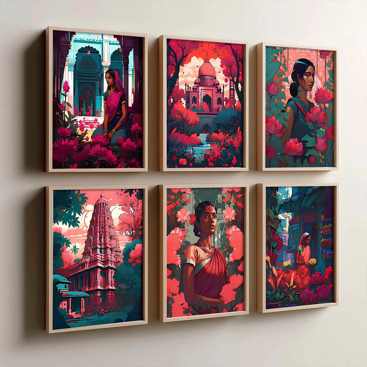 Traditional Indian Art Framed Posters for Home Living Room Bedroom and Office Wall Decor Set of 6
