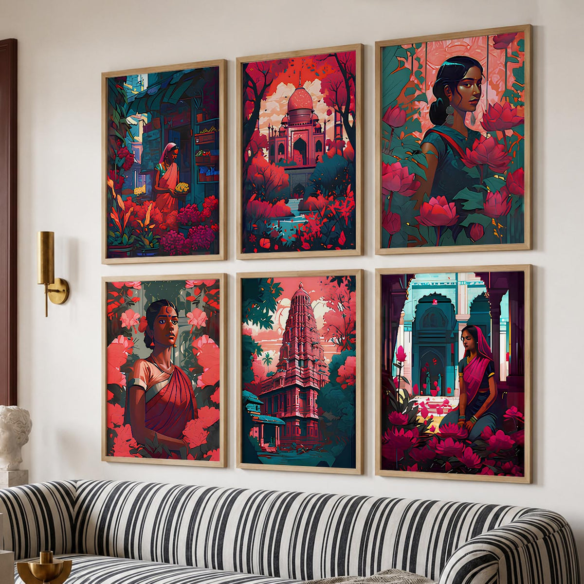 Traditional Indian Art Framed Posters for Home Living Room Bedroom and Office Wall Decor Set of 6