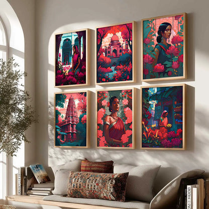 Traditional Indian Art Framed Posters for Home Living Room Bedroom and Office Wall Decor Set of 6
