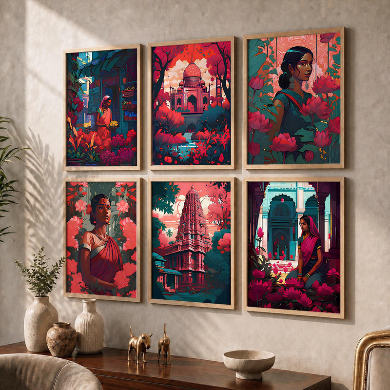 Traditional Indian Art Framed Posters for Home Living Room Bedroom and Office Wall Decor Set of 6