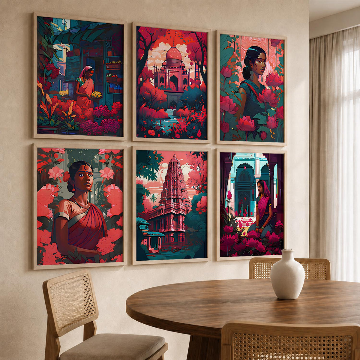 Traditional Indian Art Framed Posters for Home Living Room Bedroom and Office Wall Decor Set of 6