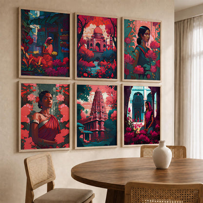 Traditional Indian Art Framed Posters for Home Living Room Bedroom and Office Wall Decor Set of 6