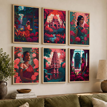 Traditional Indian Art Framed Posters for Home Living Room Bedroom and Office Wall Decor Set of 6