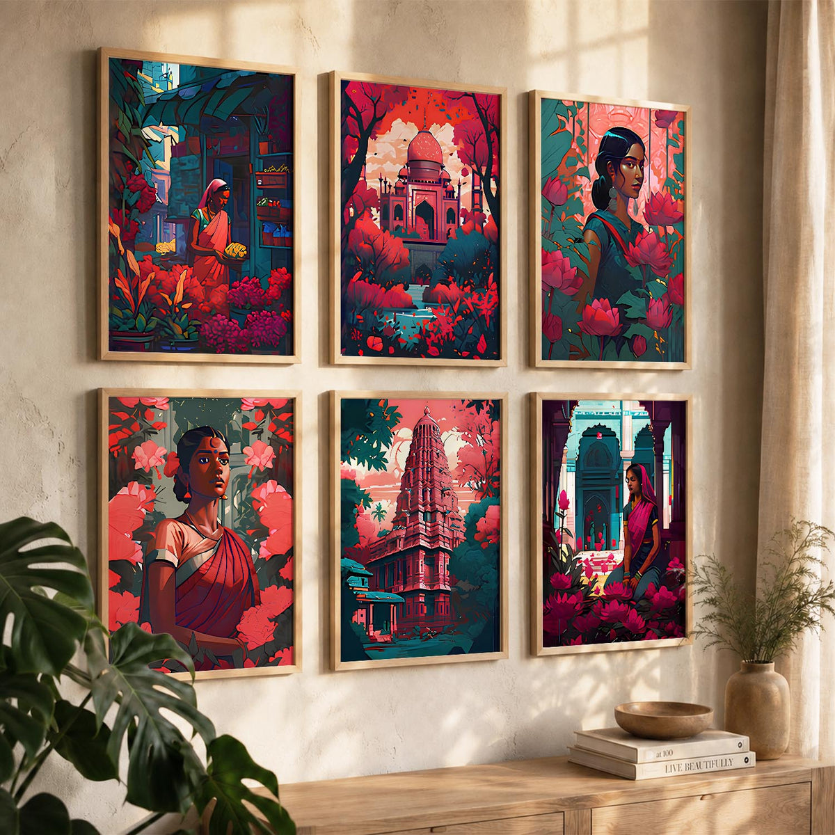 Traditional Indian Art Framed Posters for Home Living Room Bedroom and Office Wall Decor Set of 6