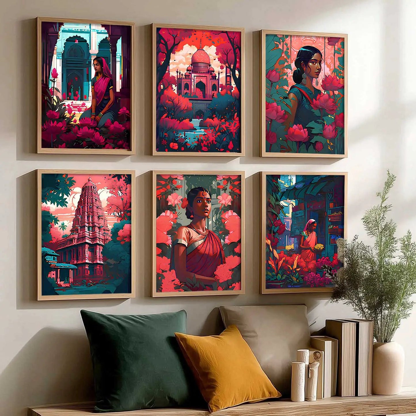 Traditional Indian Art Framed Posters for Home Living Room Bedroom and Office Wall Decor Set of 6