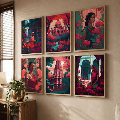 Traditional Indian Art Framed Posters for Home Living Room Bedroom and Office Wall Decor Set of 6
