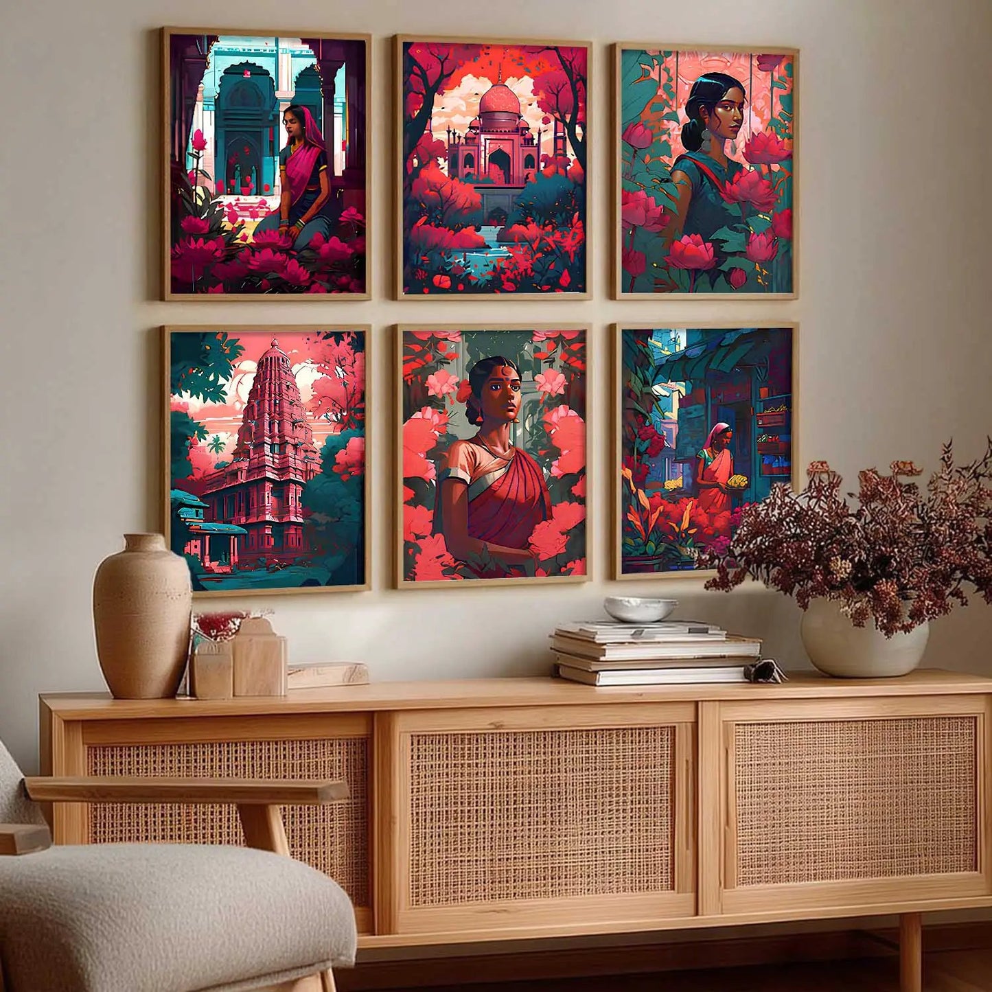 Traditional Indian Art Framed Posters for Home Living Room Bedroom and Office Wall Decor Set of 6