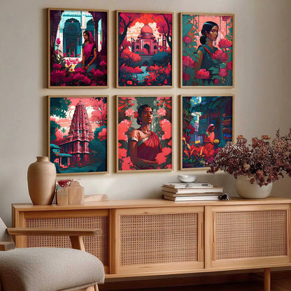 Traditional Indian Art Framed Posters for Home Living Room Bedroom and Office Wall Decor Set of 6