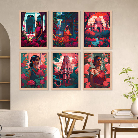 Traditional Indian Art Framed Posters for Home Living Room Bedroom and Office Wall Decor Set of 6