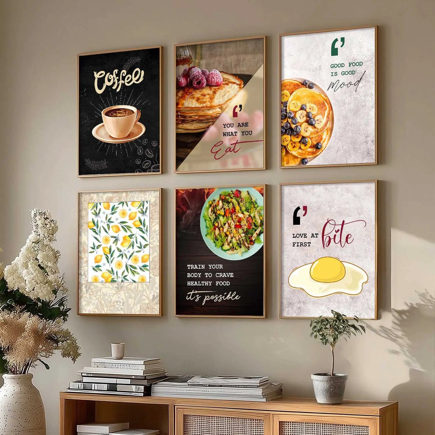 Kitchen Theme Framed Posters for Restaurant Kitchen Dinning Room Cafe Wall Decor Set of 6
