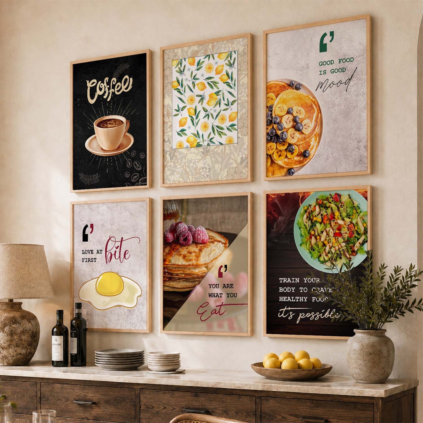 Kitchen Theme Framed Posters for Restaurant Kitchen Dinning Room Cafe Wall Decor Set of 6