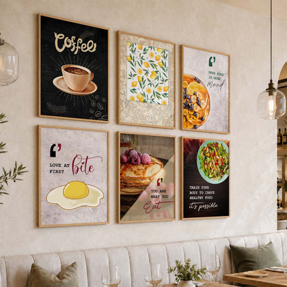 Kitchen Theme Framed Posters for Restaurant Kitchen Dinning Room Cafe Wall Decor Set of 6