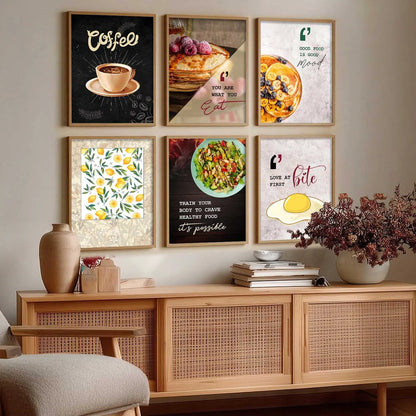 Kitchen Theme Framed Posters for Restaurant Kitchen Dinning Room Cafe Wall Decor Set of 6