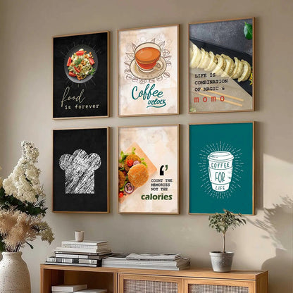 Kitchen Theme Framed Posters for Restaurant Kitchen Dinning Room Cafe Wall Decor Set of 6