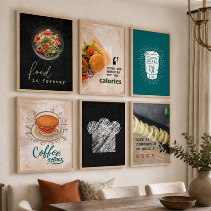Kitchen Theme Framed Posters for Restaurant Kitchen Dinning Room Cafe Wall Decor Set of 6