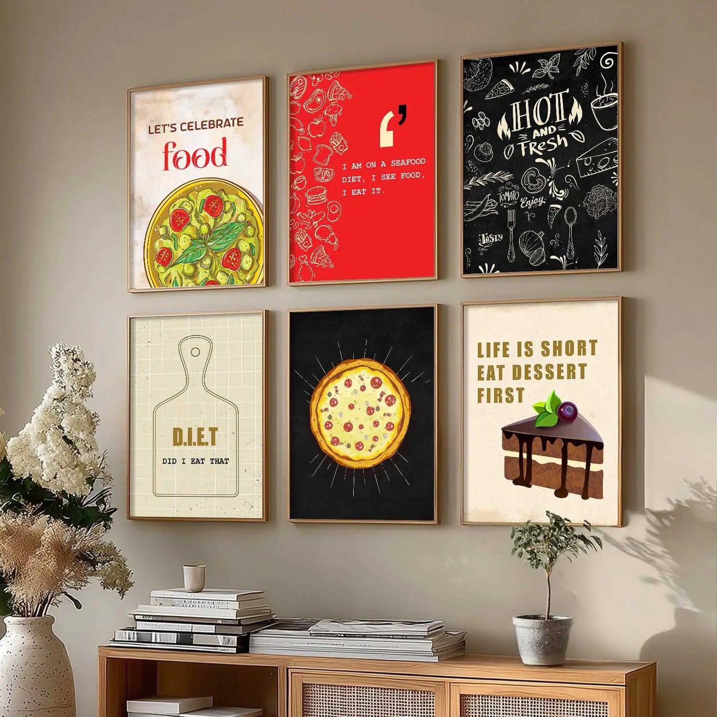 Kitchen Theme Framed Posters for Restaurant Kitchen Dinning Room Cafe Wall Decor Set of 6
