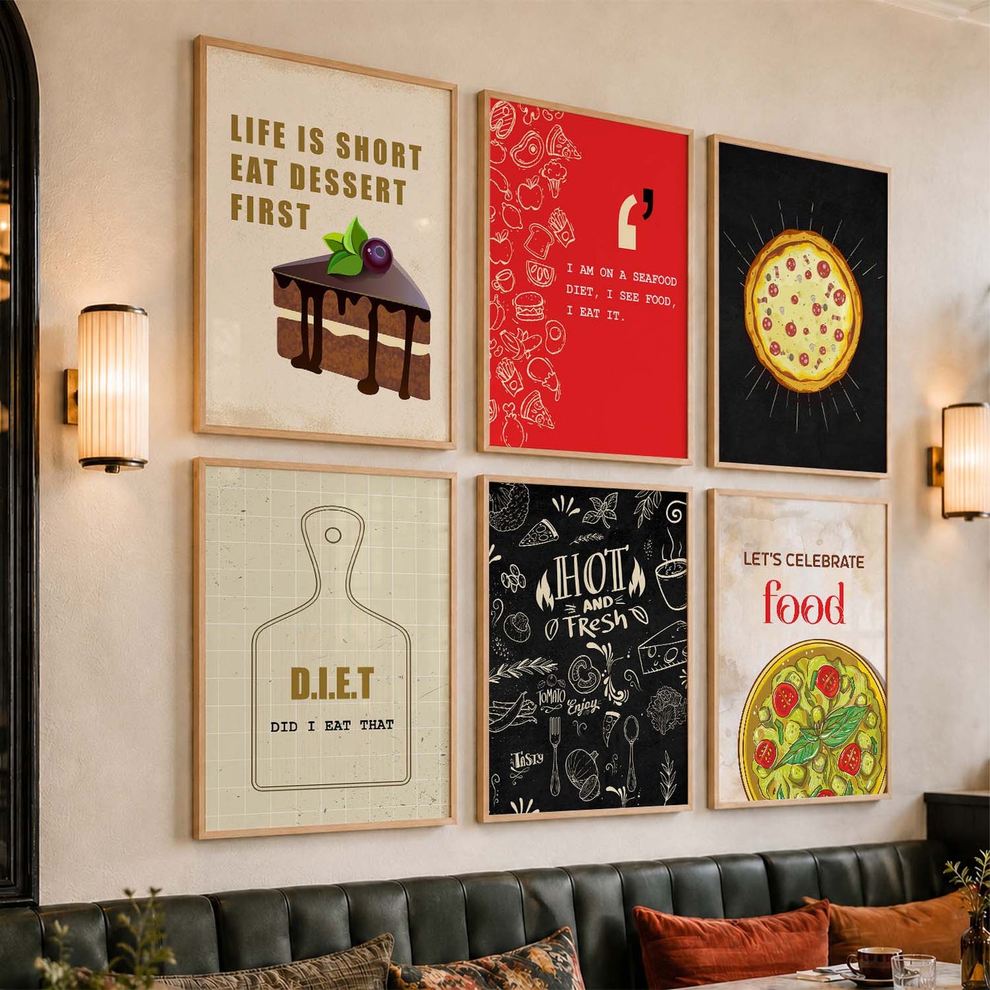 Kitchen Theme Framed Posters for Restaurant Kitchen Dinning Room Cafe Wall Decor Set of 6