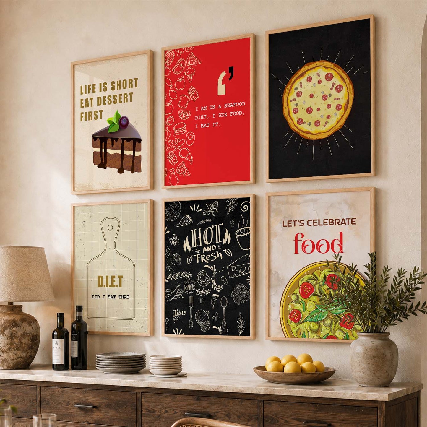 Kitchen Theme Framed Posters for Restaurant Kitchen Dinning Room Cafe Wall Decor Set of 6