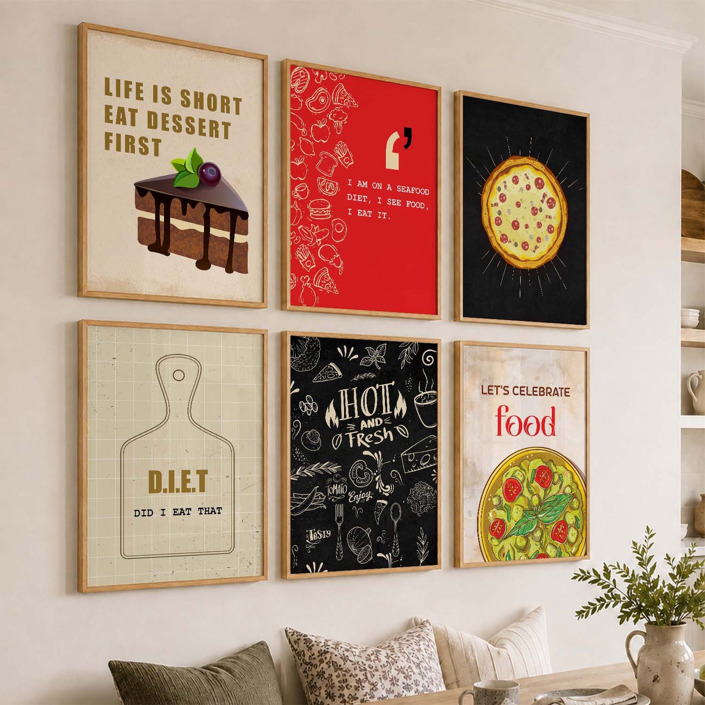 Kitchen Theme Framed Posters for Restaurant Kitchen Dinning Room Cafe Wall Decor Set of 6