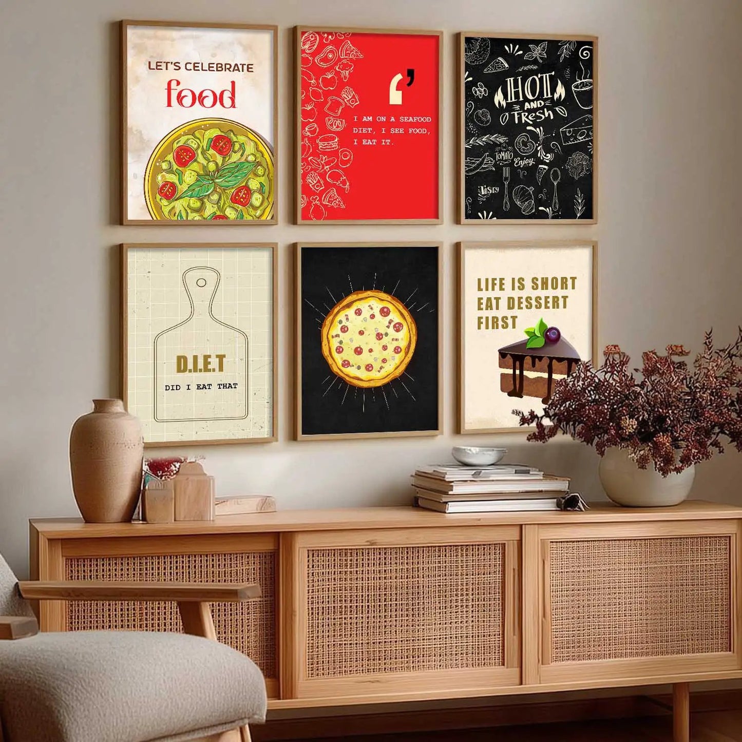 Kitchen Theme Framed Posters for Restaurant Kitchen Dinning Room Cafe Wall Decor Set of 6