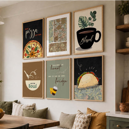 Kitchen Theme Framed Posters for Restaurant Kitchen Dinning Room Cafe Wall Decor Set of 6