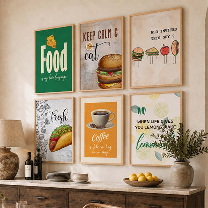 Kitchen Theme Framed Posters for Restaurant Kitchen Dinning Room Cafe Wall Decor Set of 6
