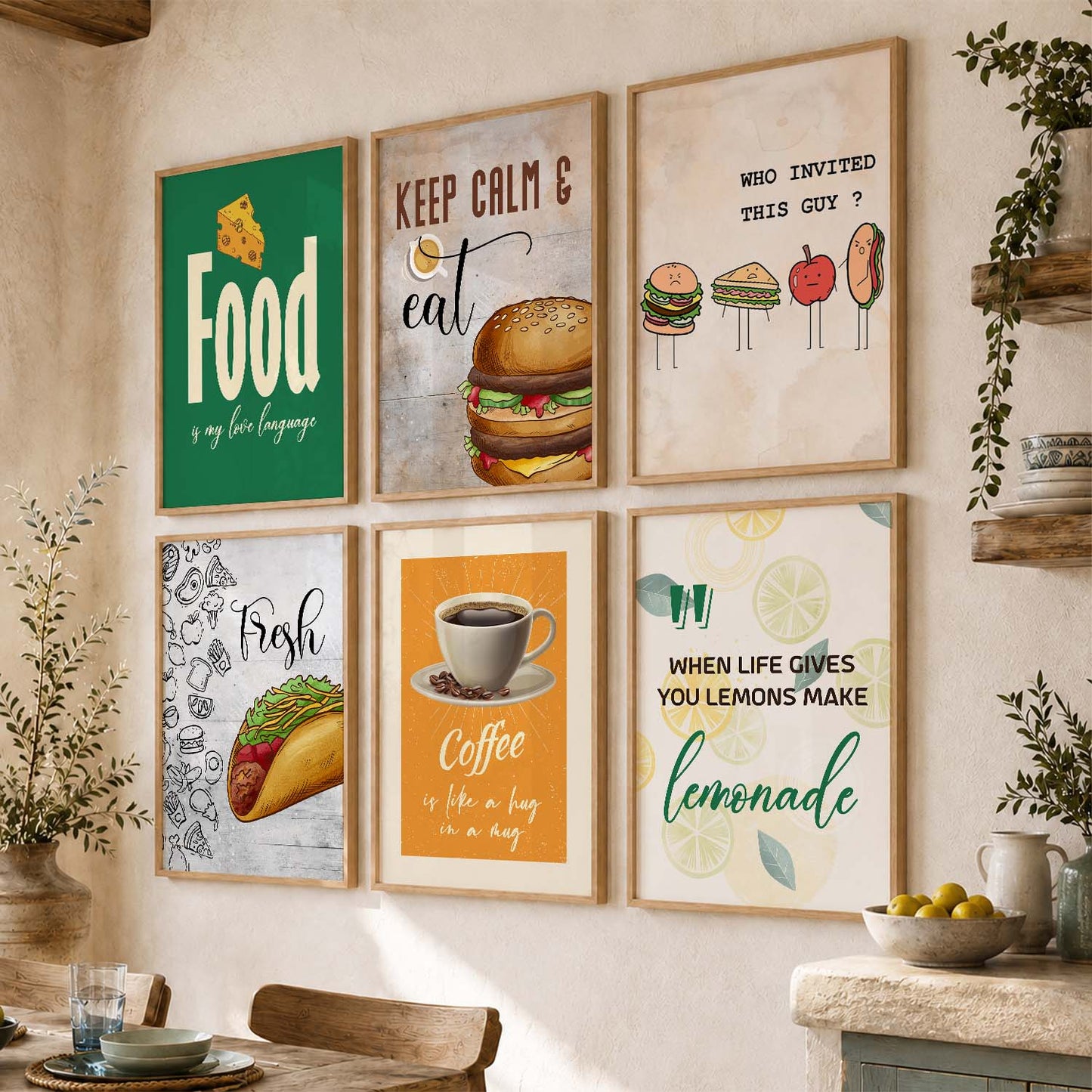 Kitchen Theme Framed Posters for Restaurant Kitchen Dinning Room Cafe Wall Decor Set of 6