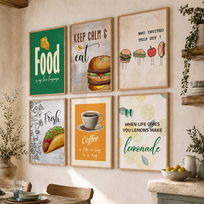 Kitchen Theme Framed Posters for Restaurant Kitchen Dinning Room Cafe Wall Decor Set of 6