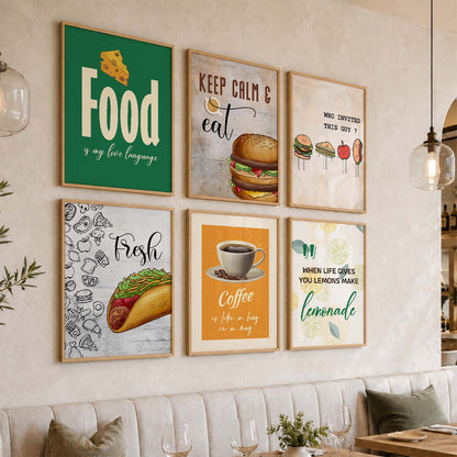 Kitchen Theme Framed Posters for Restaurant Kitchen Dinning Room Cafe Wall Decor Set of 6