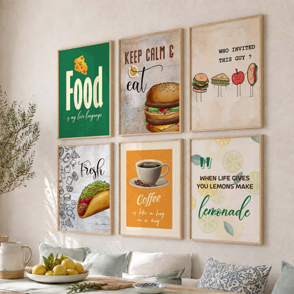 Kitchen Theme Framed Posters for Restaurant Kitchen Dinning Room Cafe Wall Decor Set of 6